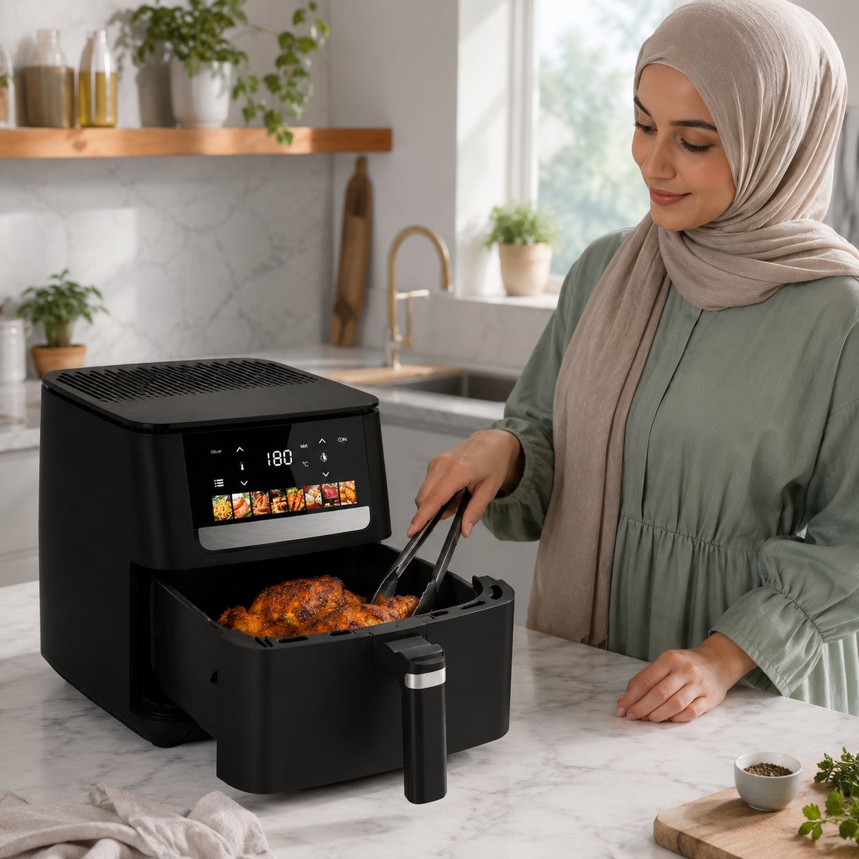 Friteuse à air Nova 6 vue de face sur fond de cuisine lumineuse