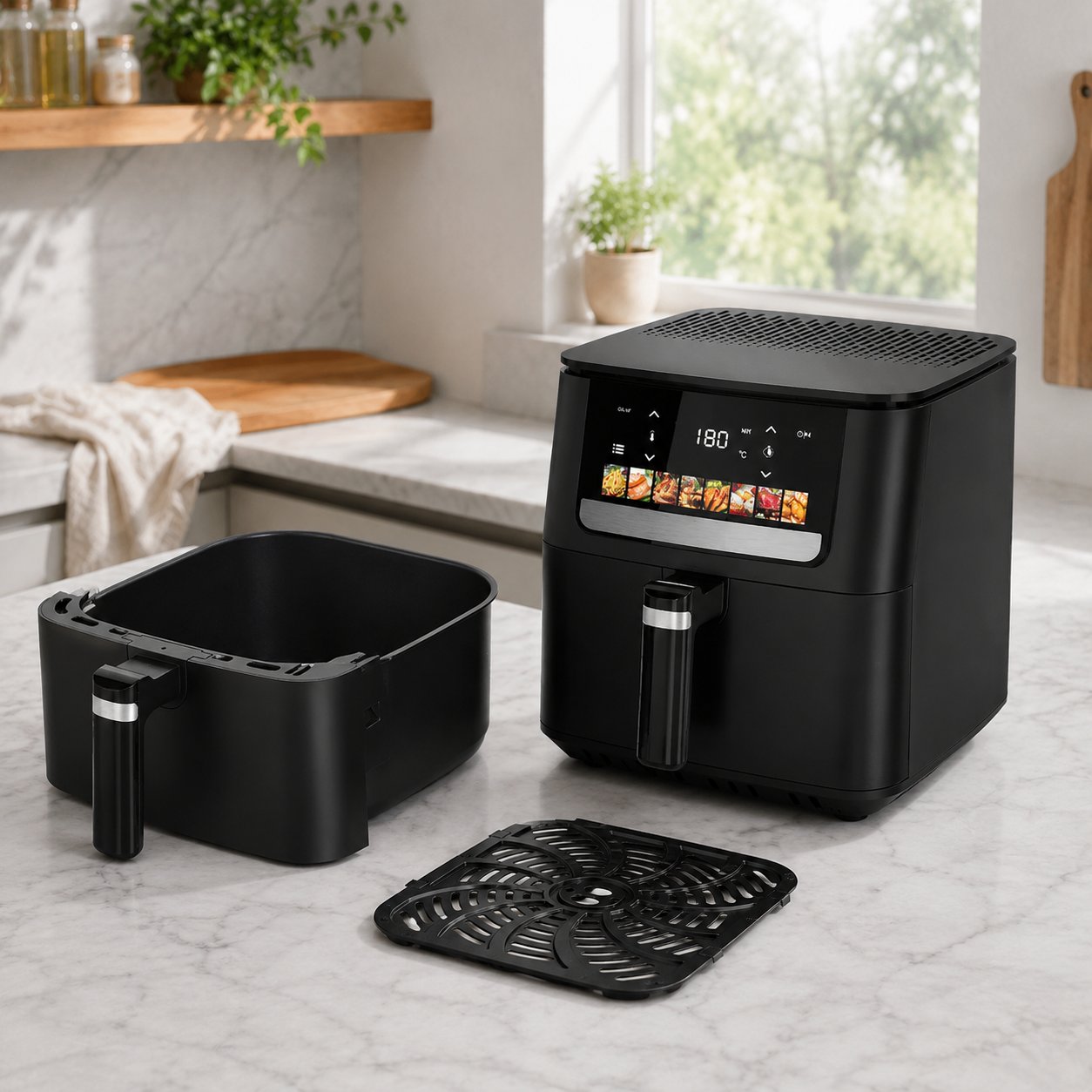 Friteuse à air Nova 6 vue de trois quarts sur plan de travail en marbre