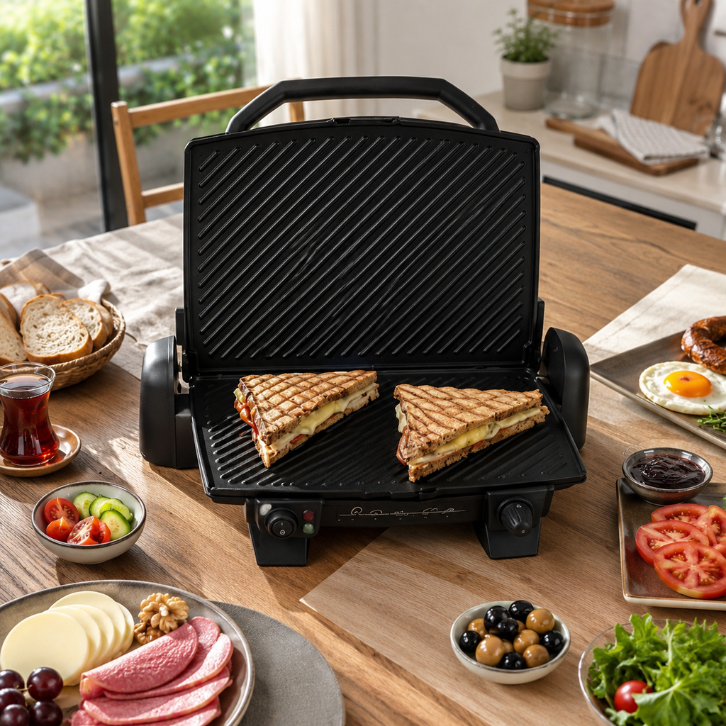 Femme en hijab utilisant le gril Tefal Toast Expert avec des pinces dans une cuisine blanche