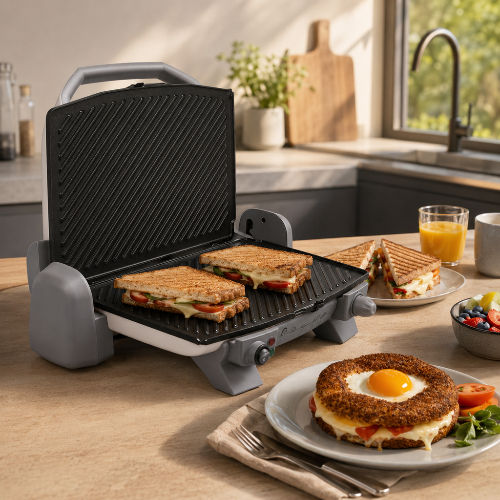 Gril Tefal Toast Expert ouvert avec sandwichs complets et œuf au plat — vue lifestyle
