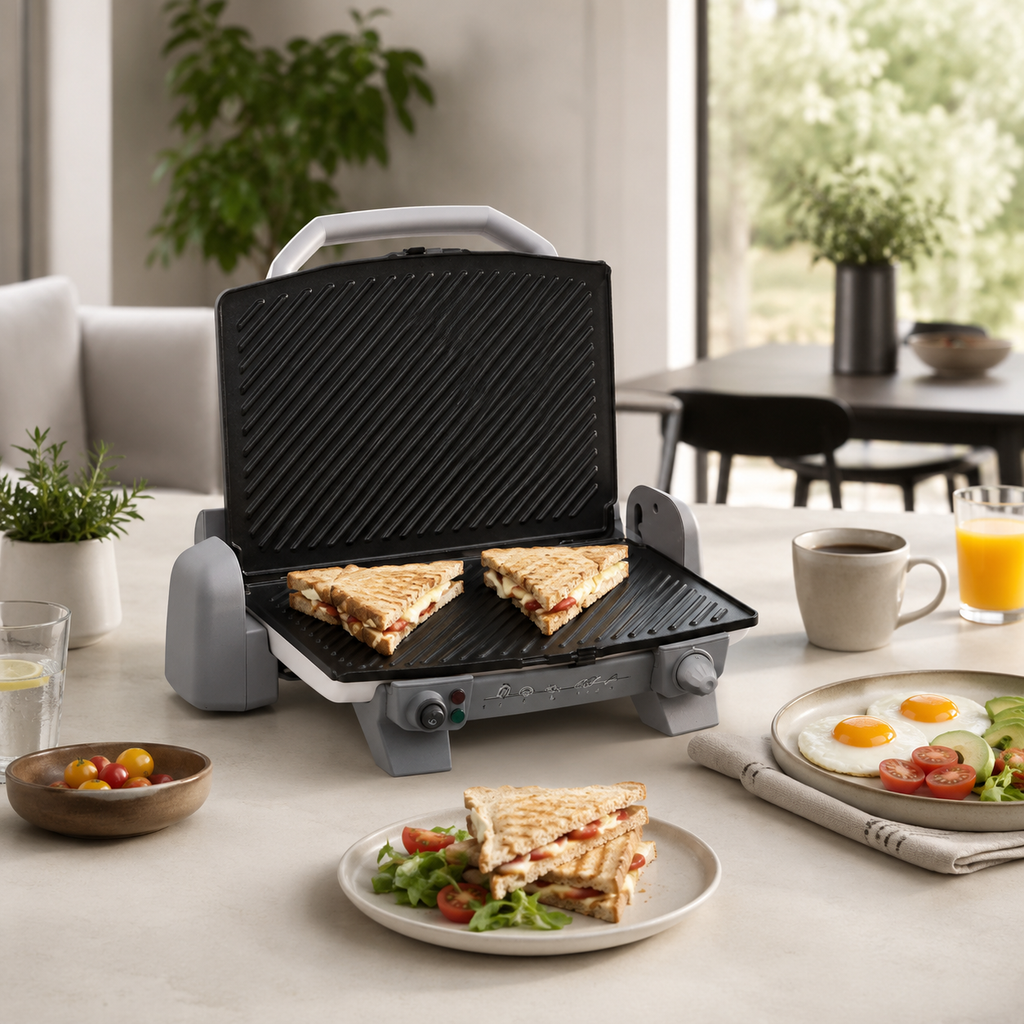 Femme en hijab utilisant le gril Tefal Toast Expert avec des pinces — vue lifestyle cuisine