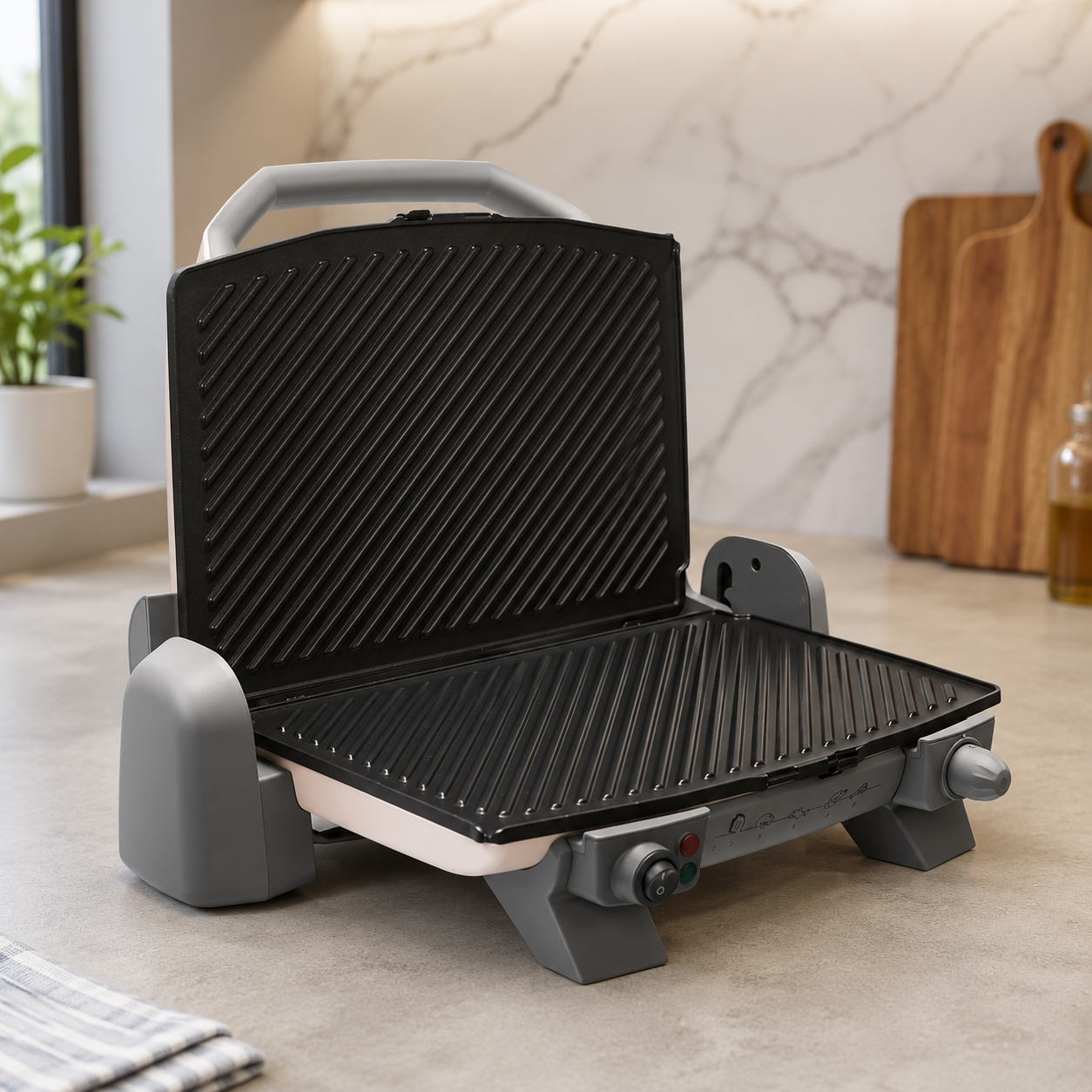 Gril Tefal Toast Expert ouvert avec sandwichs triangulaires sur plan de travail éclairé