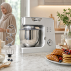 Robot pâtissier Taurus Mixing Chef avec ses 3 accessoires sur plan de travail en marbre