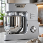 Femme en hijab beige utilisant le robot pâtissier Taurus Mixing Chef avec croissants et pancakes