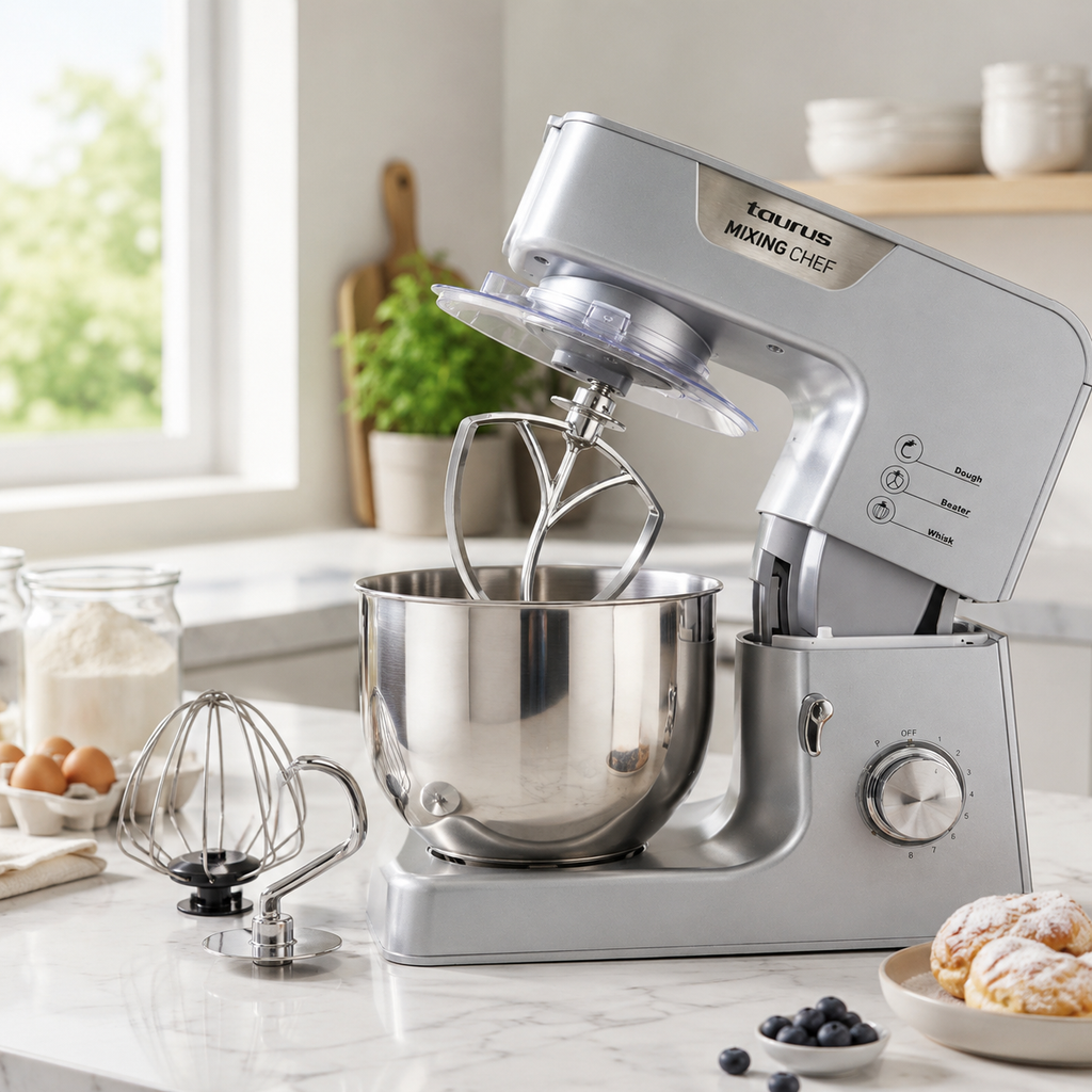Robot pâtissier Taurus Mixing Chef vu de face sur plan de travail en marbre blanc