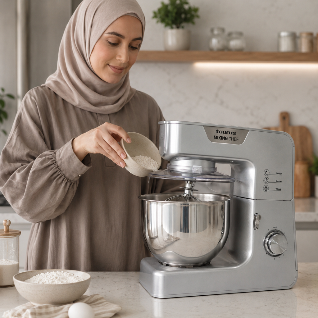 Robot pâtissier Taurus Mixing Chef en position ouverte avec fouet et accessoires sur plan de travail