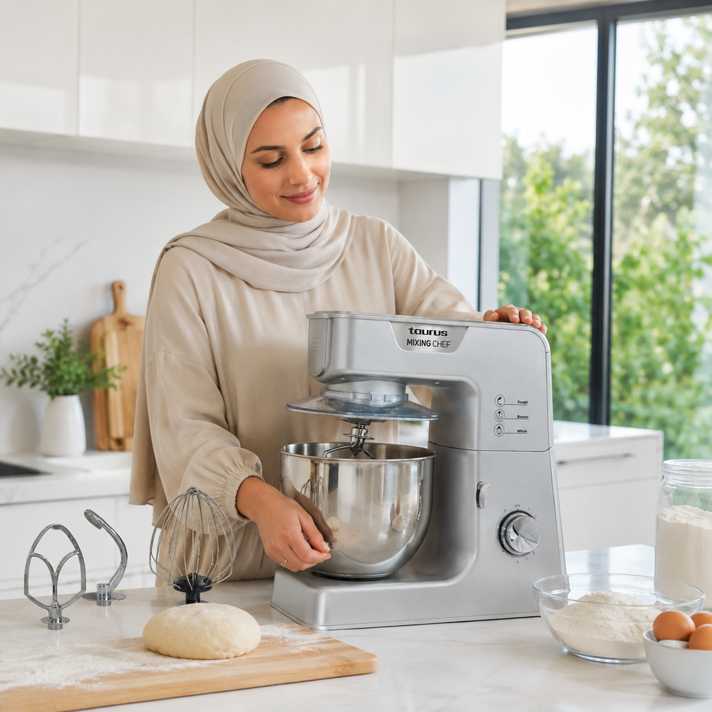 Femme en hijab versant de la farine dans le bol du robot pâtissier Taurus Mixing Chef