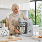Femme en hijab versant de la farine dans le bol du robot pâtissier Taurus Mixing Chef
