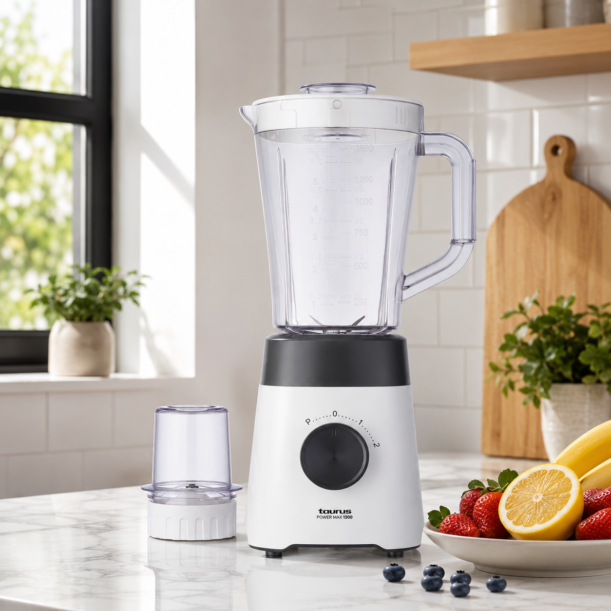 Blender Taurus Power Max 1300 sur plan de travail en marbre blanc avec fraises et citron