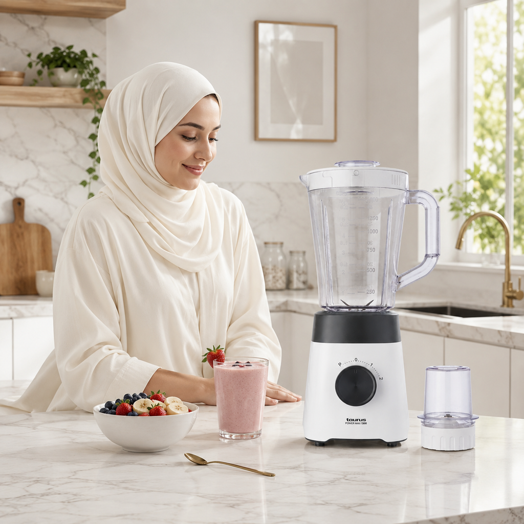 Femme en hijab blanc préparant un smoothie aux fruits avec le blender Taurus Power Max 1300