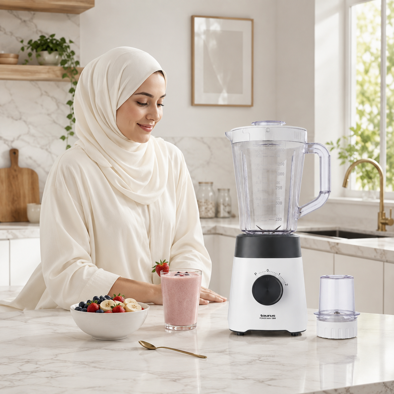 Femme en hijab blanc préparant un smoothie aux fruits avec le blender Taurus Power Max 1300