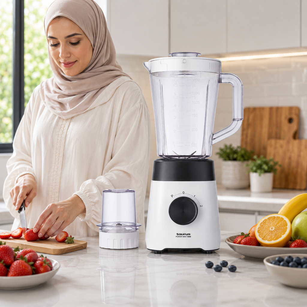 Femme en hijab coupant des fraises à côté du blender Taurus Power Max 1300 et son mini broyeur
