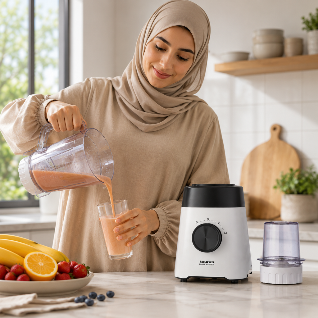 Femme en hijab versant un smoothie rose préparé avec le blender Taurus Power Max 1300
