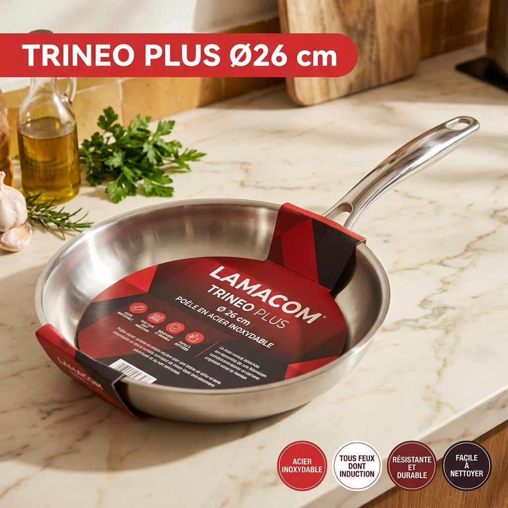 Poêle Inox LAMACOM TRINEO PLUS Ø26 cm – Acier Inoxydable