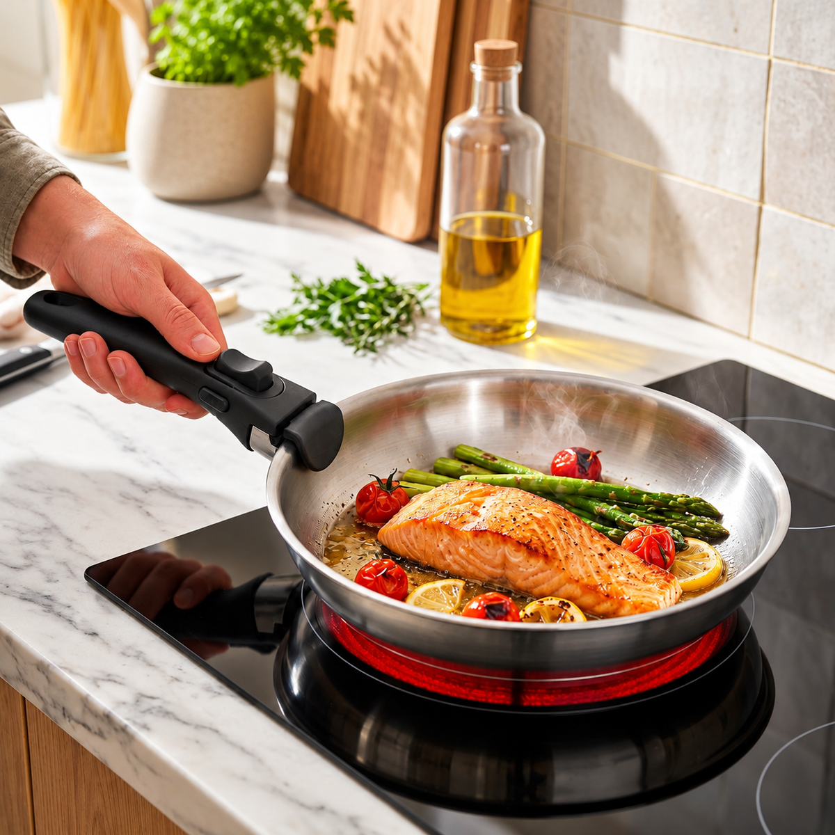 Set LAMACOM TRINEO TRI-PLY – 2 Poêles + 1 Casserole Inox 18/10 avec Manche Amovible