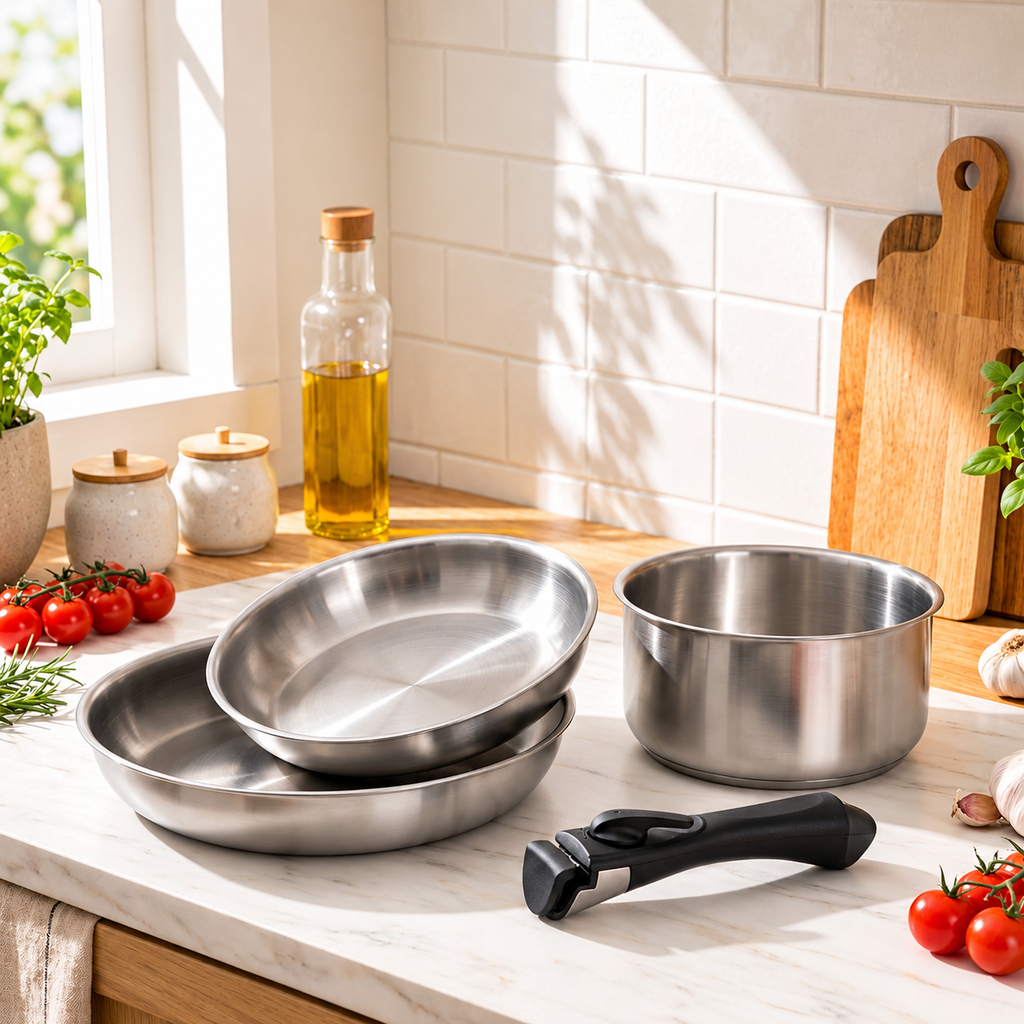Set LAMACOM TRINEO TRI-PLY – 2 Poêles + 1 Casserole Inox 18/10 avec Manche Amovible