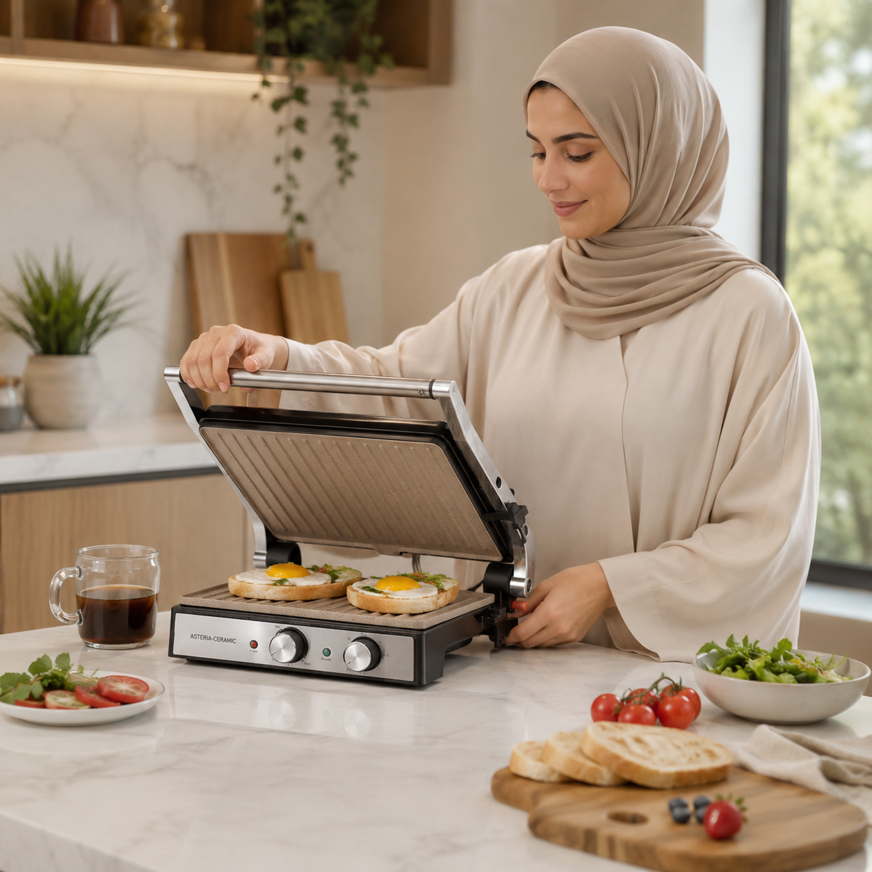 Gril Taurus Asteria Ceramic ouvert avec sandwichs jambon-fromage gratinés sur plan de travail en marbre