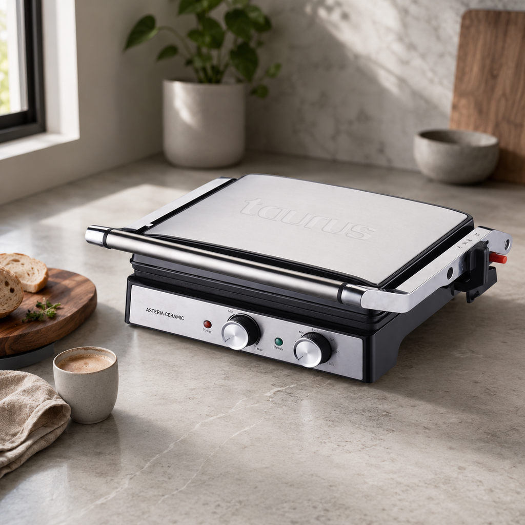 Femme en hijab beige ouvrant le gril Taurus Asteria Ceramic avec œufs au plat et petit-déjeuner