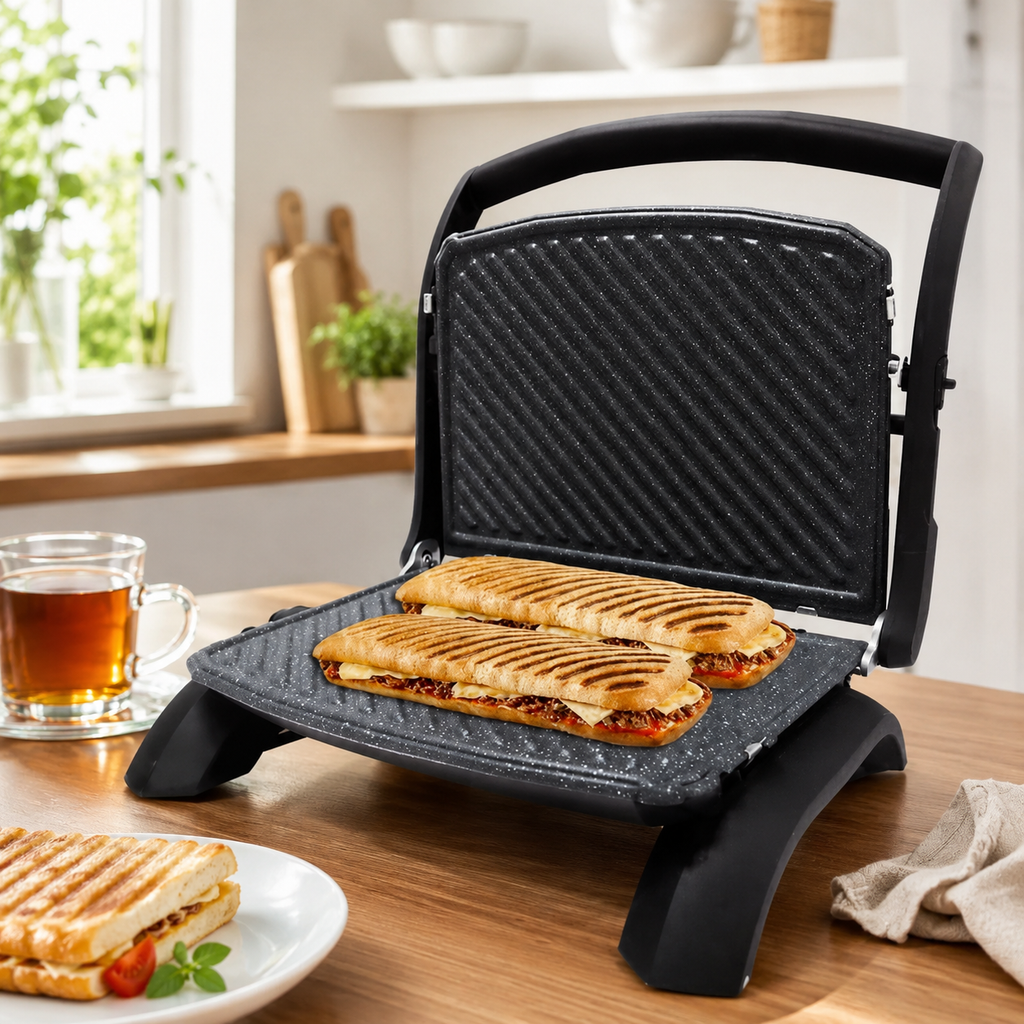 Gril panini Taurus Rockstone ouvert avec deux paninis dorés sur table en bois avec thé et assiette