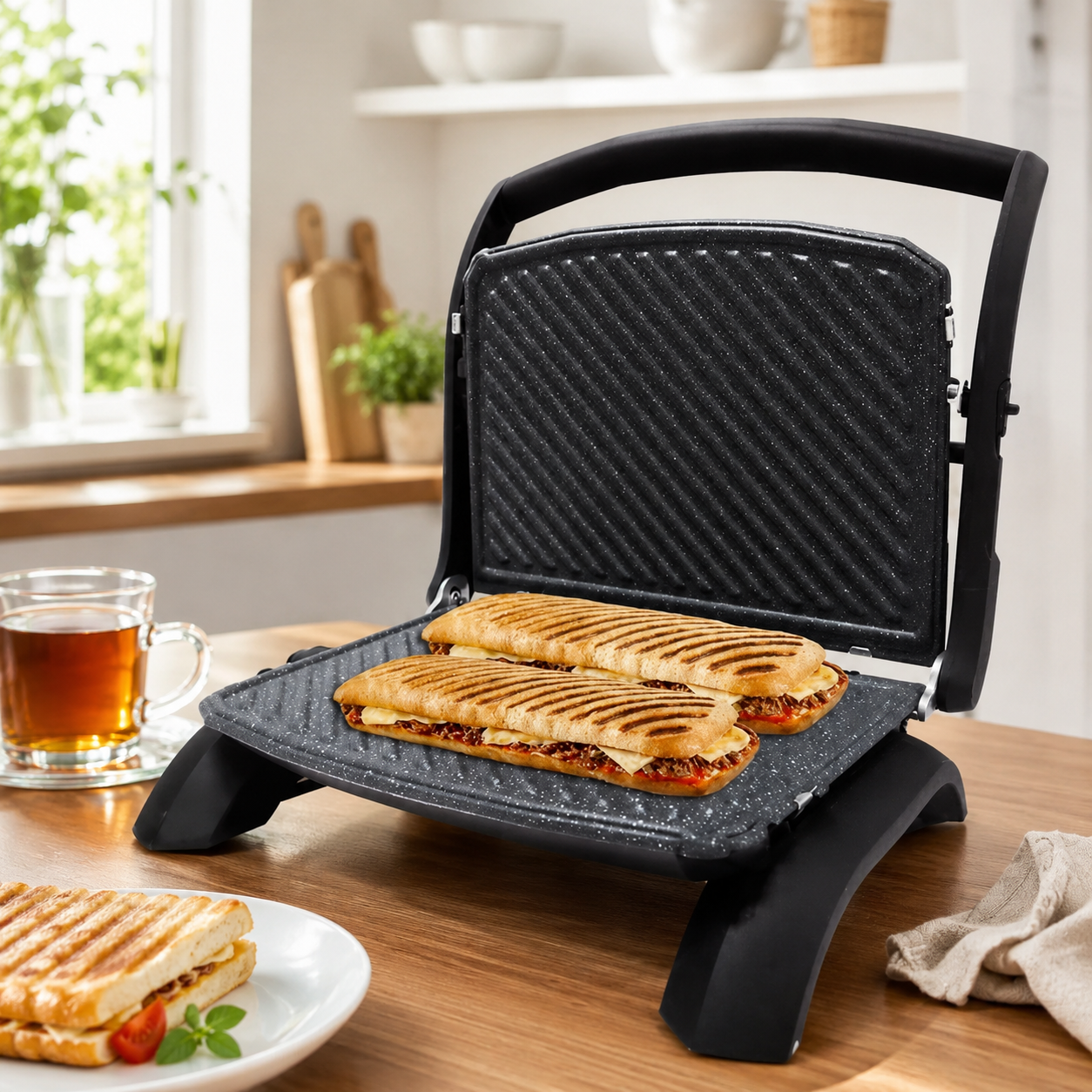Gril panini Taurus Rockstone ouvert avec deux paninis dorés sur table en bois avec thé et assiette