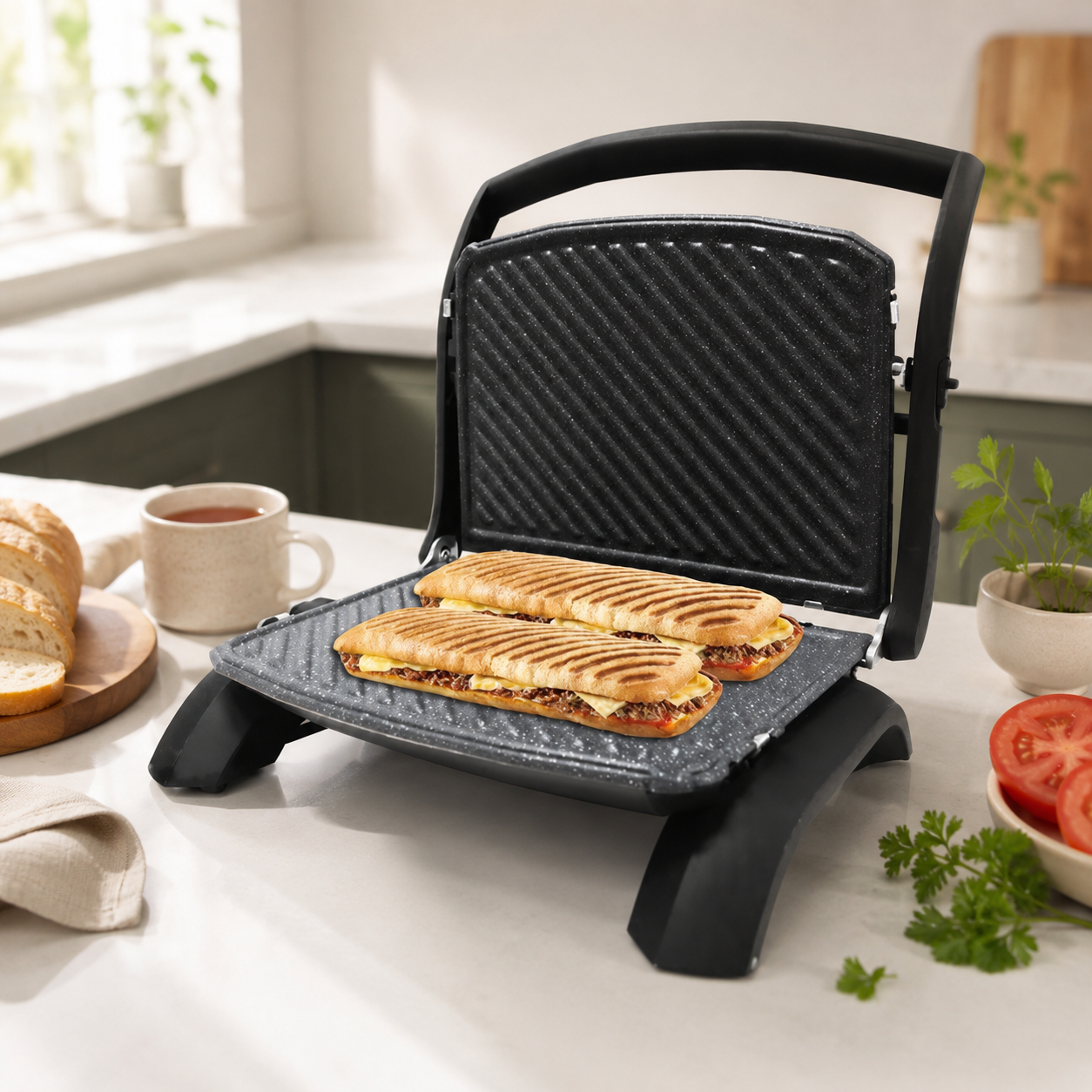 Gril panini Taurus Rockstone fermé vu de dessus sur plan de travail en marbre blanc