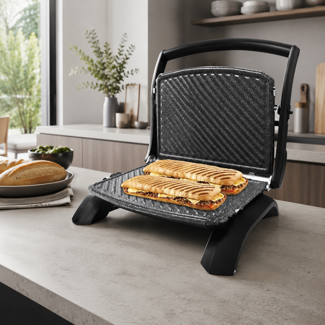 Gril panini Taurus Rockstone ouvert avec deux paninis sur plan de travail blanc avec pain et tomates