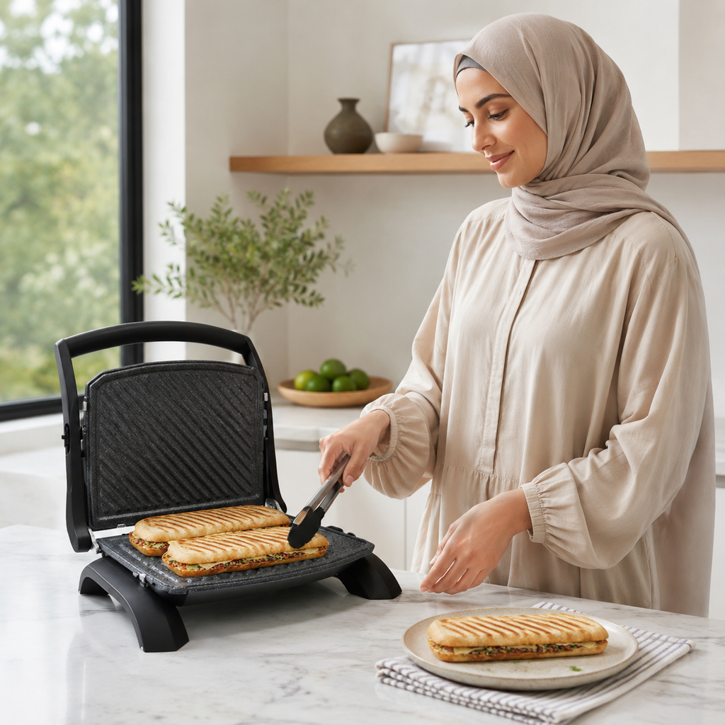 Gril panini Taurus Rockstone ouvert avec trois paninis sur plan de travail en béton gris