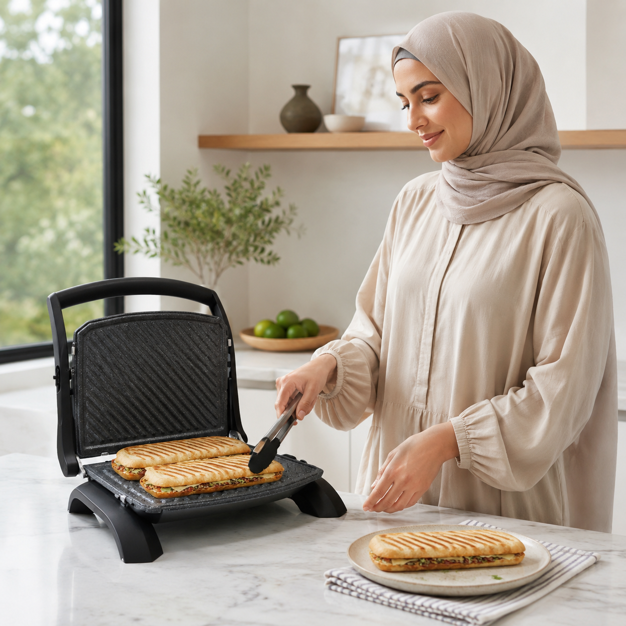 Gril panini Taurus Rockstone ouvert avec trois paninis sur plan de travail en béton gris
