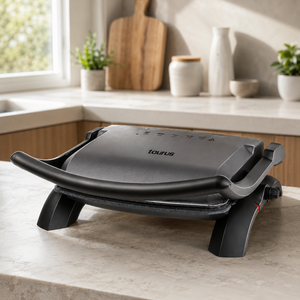 Gril panini Taurus Rockstone ouvert avec deux paninis complets sur plan de travail en marbre