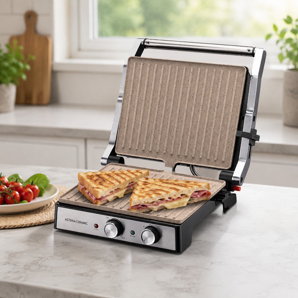 Gril panini Taurus Asteria Ceramic fermé sur plan de travail en marbre avec pain et café