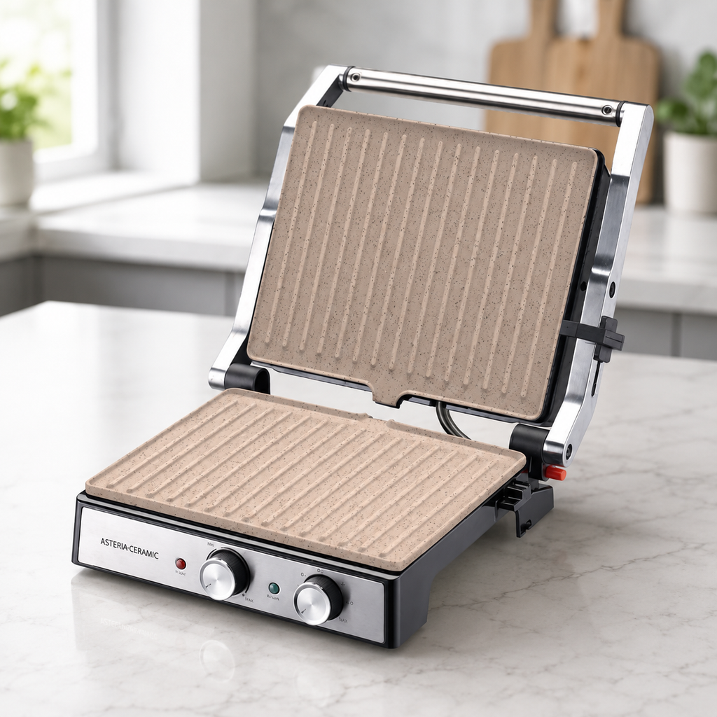 Gril Taurus Asteria Ceramic ouvert à 45° avec plaques Rockstone sur plan de travail en marbre